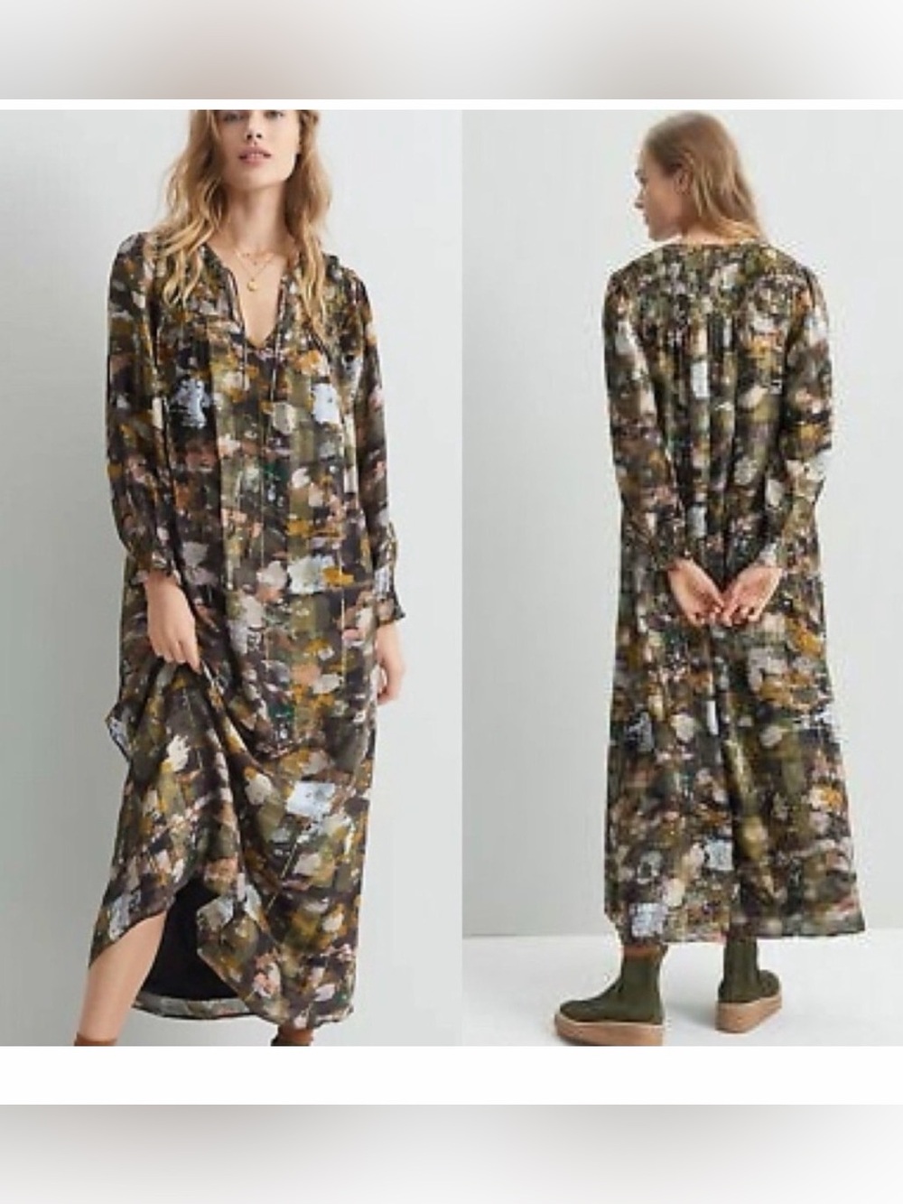 Anthropologie Olive & Mustard Floral Long Sleeve Maxi Dress
